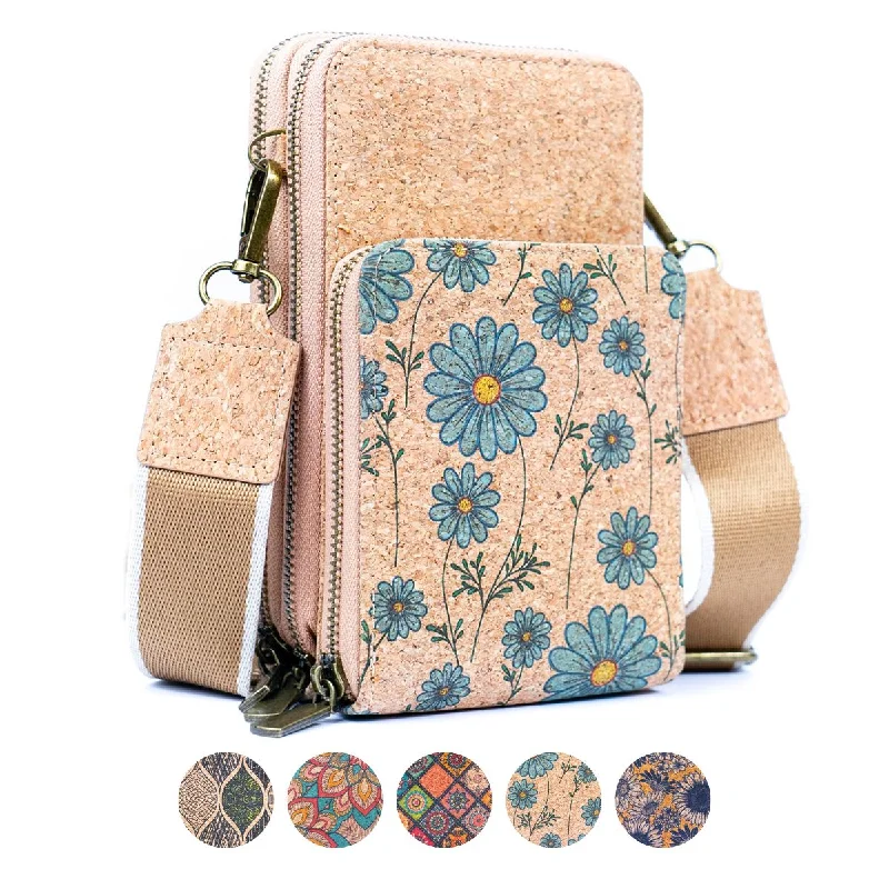 Natural Cork Women's Crossbody Phone Bag with Triple Zipper Design BAG-2311