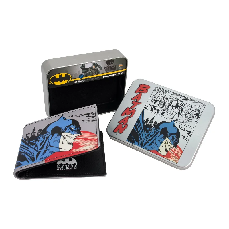 DC Comics Batman Face Print Bifold Wallet in a Decorative Tin Case, Multi