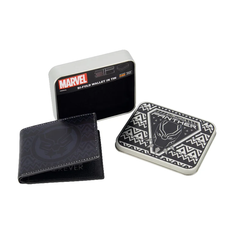 MARVEL BLACK PANTHER LOGO Bifold Wallet, Slim Wallet with Decorative Tin for Men and Women