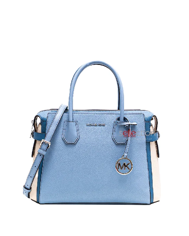 Michael Kors Mercer Medium Pebbled Leather Belted Satchel Bag In Pale Blue Multi