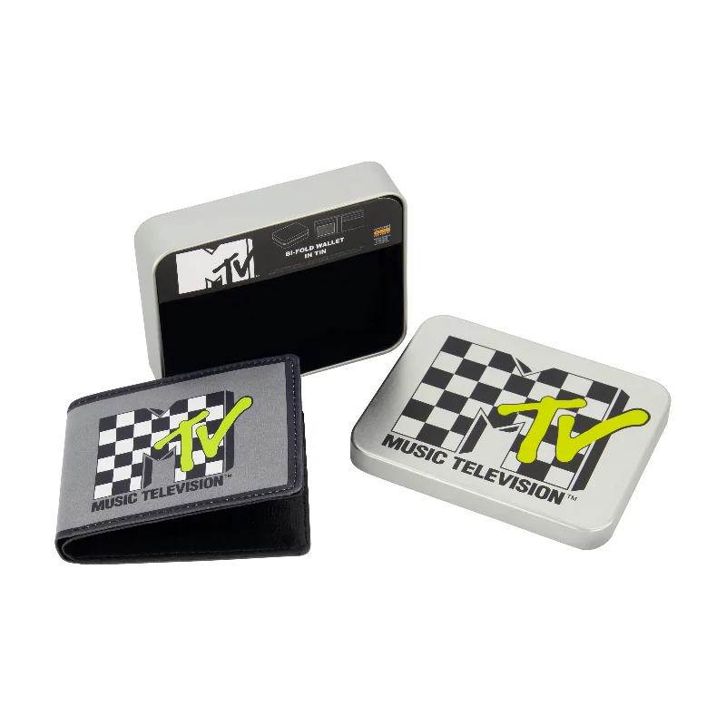 MTV LOGO WITH CHECKERBOARD PATTERN Bifold Wallet, Slim Wallet with Decorative Tin for Men and Women