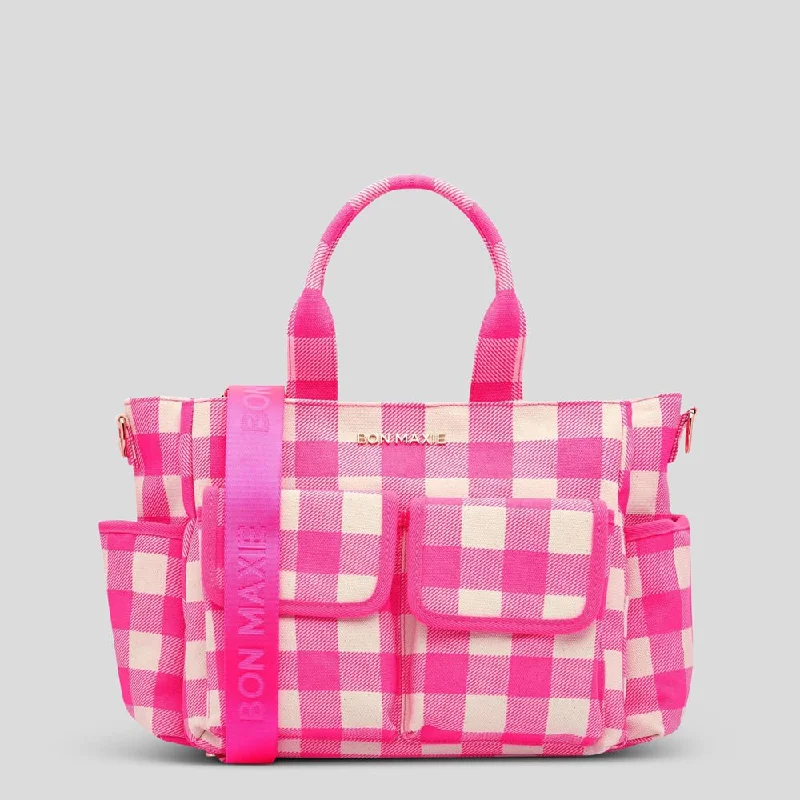 Multi-Pocket Nappy Bag -- Neon Pink Gingham