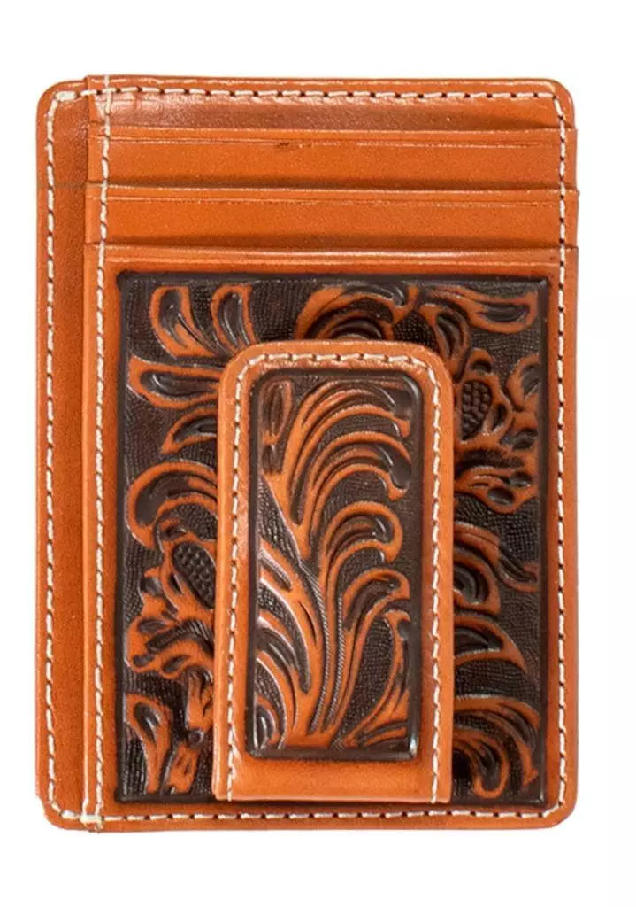 Nocona Western Money Clip Leather Floral Embossed Brown