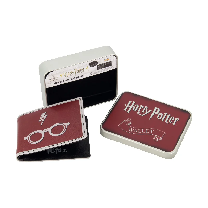 WB HARRY POTTER Lightining Bolt And Glasses in Burgundy Bifold Wallet, Slim Wallet with Decorative Tin for Men and Women